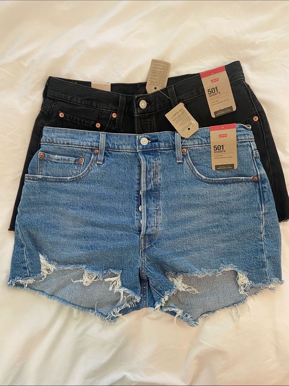 2 Levi's 501 Button-Fly Cutoff Jean Shorts - Blue and Black Womans 33 NWT
